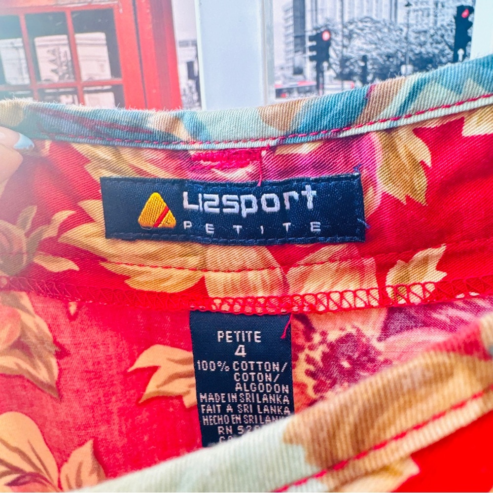 LizSport (Vintage). Size Petite 4. Women's Red Floral Midi Skirt Button Front - Picture 4 of 8
